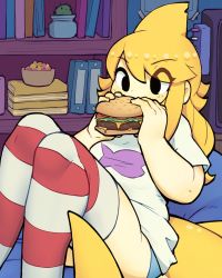Rule 34 | 1girl, apricot (d-floe), blonde hair, burger, cheese, d-floe, eating, eyes visible through hair, feet out of frame, fins, fish tail, food, highres, lettuce, long hair, original, print shirt, shark girl, shark tail, shelf, shirt, solo, striped clothes, striped thighhighs, tail, thighhighs, tomato, white shirt
