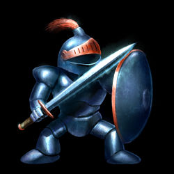 Rule 34 | armor, black background, commentary, dragon quest, dragon quest iv, full body, helmet, highres, holding, holding shield, holding sword, holding weapon, legs apart, no humans, one-hour drawing challenge, realistic, shield, simple background, standing, sword, weapon, yasudagabou