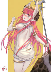 Rule 34 | 1girl, :o, absurdres, bare back, bare shoulders, blush, circe (fate), commentary request, fate/grand order, fate (series), feathered wings, from behind, head wings, highres, holding, holding staff, long hair, looking at viewer, peppertomo, pink hair, pointy ears, red eyes, simple background, solo focus, staff, white background, wings, yellow background