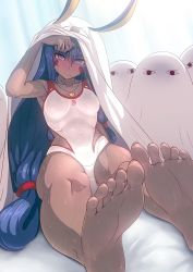 Rule 34 | 1girl, armpits, aya shobon, barefoot, blush, competition swimsuit, covered navel, dark-skinned female, dark skin, earrings, facial tattoo, fate/grand order, fate (series), feet, foot focus, jewelry, lifting covers, long hair, looking at viewer, medjed (fate), necklace, nitocris (fate), nitocris (fate/grand order), nitocris (swimsuit assassin) (fate), nitocris (swimsuit assassin) (second ascension) (fate), one-piece swimsuit, purple eyes, purple hair, sitting, soles, swimsuit, tattoo, toes