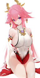 Rule 34 | 1girl, animal ears, bare shoulders, blush, breasts, detached sleeves, fox ears, genshin impact, hair ornament, highleg, highleg leotard, highres, japanese clothes, jewelry, large breasts, leotard, long hair, looking at viewer, miniskirt, necklace, omone hokoma agm, pendant, pink hair, purple eyes, red skirt, sideboob, sidelocks, simple background, sitting, skirt, smile, solo, thighs, very long hair, white background, white leotard, wide sleeves, yae miko