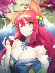 Rule 34 | 1girl, absurdres, ahri (league of legends), alternate hair color, animal ear fluff, animal ears, bell, bil-ajeossi, black choker, blue eyes, blue ribbon, blush, breasts, choker, cleavage, commentary, facial mark, fox ears, fox girl, hair bell, hair ornament, highres, huge filesize, kyuubi, large breasts, league of legends, looking at viewer, nail, nail polish, off shoulder, one eye closed, petals, pink nails, ribbon, solo, spirit blossom ahri, vastaya, whisker markings