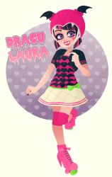 Rule 34 | 1girl, artist request, draculaura, fangs, female focus, gradient background, high heels, looking at viewer, monster high, open mouth, purple eyes, simple background, smile, solo, vampire