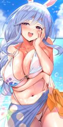 Rule 34 | 1girl, animal ear fluff, animal ears, bikini, blue hair, blue sarong, blush, braid, breasts, highres, hololive, jewelry, large breasts, long hair, looking at viewer, mature female, mizuno kurage, multicolored hair, open mouth, pekomama, rabbit ears, rabbit girl, ring, sarong, short eyebrows, smile, solo, swimsuit, thick eyebrows, thighs, thong bikini, two-tone hair, virtual youtuber, wedding ring, wet, wet clothes, white hair