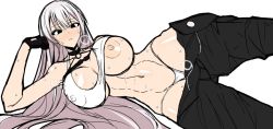 Rule 34 | azur lane, bandaged arm, bandages, black pants, blush, breasts, buckle, chest strap, grey hair, large breasts, lying, mole, mole on stomach, musuka (muska), nipples, on side, one breast out, panties, pants, police badge, red eyes, snap-fit buckle, solo, sovetskaya rossiya (azur lane), sovetskaya rossiya (the lackadaisical lookout) (azur lane), stomach, sweat, sweatdrop, tank top, underwear, white tank top