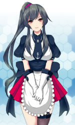 Rule 34 | 10s, 1girl, adapted costume, alternate costume, anchor (symbol), apron, black hair, black thighhighs, enmaided, gloves, hex grid, honeycomb (pattern), honeycomb background, honeycomb pattern, kafra uniform, kantai collection, long hair, looking at viewer, maid, maid apron, mekabu (ainamigon), personification, ponytail, ragnarok online, red eyes, single thighhigh, smile, solo, thighhighs, yahagi (kancolle)