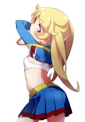 Rule 34 | 10s, 1girl, arched back, back, blonde hair, blue eyes, blue shirt, blue skirt, blush, bra, breasts, cheerleader, clothes lift, cowboy shot, crossed arms, eyelashes, hayashi keita, highres, kiratto pri chan, lifted by self, long sleeves, looking back, moegi emo, pretty series, shirt, shirt lift, simple background, skirt, small breasts, solo, sports bra, sweat, twintails, underwear, undressing, white background, white bra