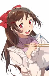 Rule 34 | 10s, 1girl, :d, apron, bow, brown hair, chopsticks, hair bow, hair ornament, hairclip, kantai collection, long hair, looking at viewer, mamiya (kancolle), nonco, open mouth, red eyes, simple background, smile, solo, teeth, white background