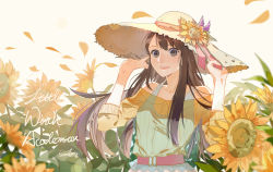 Rule 34 | 10s, 1girl, alternate costume, alternate eye color, bad id, bad pixiv id, belt, blurry, bokeh, brown eyes, brown hair, casual, collarbone, copyright name, depth of field, flower, hat, hat flower, highres, kagari atsuko, little witch academia, long hair, looking at viewer, open mouth, petals, signature, sketch, smile, solo, straw hat, sumery, sun hat, sunflower, upper body