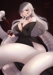 Rule 34 | 1girl, arinsays, bare shoulders, black dress, black nails, bottle, breasts, cup, dress, drinking glass, forked tongue, highres, holding, holding cup, holding with tail, indie virtual youtuber, lamia, long hair, monster girl, nail polish, pointy ears, prehensile tail, red eyes, scales, second-party source, serpentine cici, solo, tail, tongue, tongue out, virtual youtuber, white hair, wine bottle, wine glass