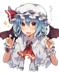 Rule 34 | 1girl, bad id, bad pixiv id, black wings, blue hair, blush, capelet, claw pose, fang, gao, hair between eyes, hands up, hat, ikeuchi tanuma, looking at viewer, mob cap, open mouth, red eyes, remilia scarlet, sketch, smile, solo, sparkle, touhou, upper body, wings