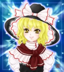 Rule 34 | 1girl, :d, black hat, black vest, blonde hair, blue background, border, bow, female focus, floradanika, hair bow, hat, hat bow, kirisame marisa, lace trim, looking at viewer, open mouth, puffy sleeves, red scarf, scarf, shirt, short hair, smile, solo, star (symbol), touhou, turtleneck, upper body, vest, white bow, white shirt, witch hat, yellow eyes