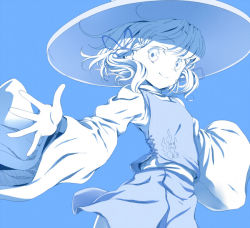 Rule 34 | 1girl, bad id, bad pixiv id, blue theme, blush, female focus, hair ribbon, hat, kimitoshiin, monochrome, moriya suwako, outstretched arms, ribbon, short hair, simple background, smile, solo, spread arms, touhou
