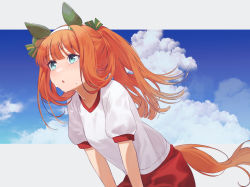 Rule 34 | 1girl, :o, alternate hairstyle, animal ears, aqua eyes, arm support, blunt bangs, blush, breasts, ear covers, gym shirt, gym uniform, hairband, hands on own thighs, highres, horse ears, horse girl, horse tail, leaning forward, looking up, open mouth, orange hair, ponytail, red shorts, shirt, short sleeves, shorts, silence suzuka (umamusume), small breasts, solo, sweat, tail, umamusume, white hairband, white shirt, yoshino ns