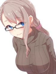 Rule 34 | 1girl, absurdres, blue eyes, blush, breasts, brown hair, ear piercing, green-framed eyewear, highres, koumei (twinameless), large breasts, long hair, looking at viewer, mole, mole under mouth, original, piercing, ponytail, ribbed sweater, scrunchie, sidelocks, smile, solo, sweater, upper body