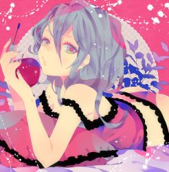 Rule 34 | 1girl, apple, aqua eyes, aqua hair, bare shoulders, camisole, food, frilled pillow, frills, fruit, hatsune miku, holding, holding food, holding fruit, looking at viewer, lying, nail polish, on stomach, pillow, polka dot, romeo to cinderella (vocaloid), solo, vocaloid, yumenouchi chiharu