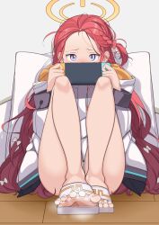Rule 34 | 1girl, absurdres, blue archive, blue eyes, blush, covering face, feet, highres, long hair, looking at viewer, nintendo switch, red hair, sandals, soles, steam, toes, yuzu (blue archive)