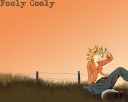 Rule 34 | 00s, 1girl, blonde hair, brown eyes, clenched teeth, denim, evening, fence, flcl, full body, haruhara haruko, jeans, long sleeves, navel, open mouth, orange hair, pants, short hair, simple background, sky, solo, spiked hair, stomach, sunlight, teeth, wallpaper, yellow eyes