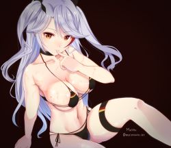 Rule 34 | arm at side, azur lane, bad id, bad pixiv id, bare arms, bare shoulders, bikini, black background, black bikini, black choker, blush, breasts, brown eyes, choker, cleavage, collarbone, finger to mouth, flag print, german flag, german flag bikini, knee up, large breasts, long hair, looking at viewer, mole, mole on breast, multicolored hair, navel, nose blush, prinz eugen (azur lane), prinz eugen (unfading smile) (azur lane), red hair, shiny skin, simple background, skindentation, smile, stomach, streaked hair, sweat, swept bangs, swimsuit, thigh strap, tsurime, twitter username, two side up, very long hair