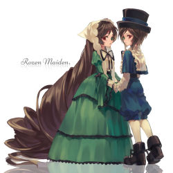 Rule 34 | 2girls, absurdly long hair, baggy shorts, bonnet, boots, brown hair, copyright name, dress, full body, green dress, green eyes, h28, hat, heterochromia, holding hands, long hair, looking at viewer, multiple girls, puffy shorts, red eyes, reflective floor, ribbon, rozen maiden, short hair, shorts, siblings, simple background, sisters, souseiseki, suiseiseki, top hat, twins, very long hair, white background, white legwear
