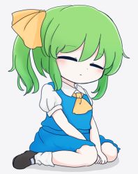 Rule 34 | 1girl, ascot, between legs, black footwear, blue dress, closed eyes, closed mouth, daiyousei, dress, full body, green hair, hand between legs, rei (tonbo0430), seiza, short hair, side ponytail, simple background, sitting, solo, touhou, white background, white legwear, yellow ascot