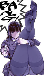 Rule 34 | 1girl, aiming, aiming at viewer, black hair, blue eyes, buttons, commentary request, crotch seam, double-breasted, grey jacket, grey pantyhose, grey skirt, gun, gusset, handgun, highres, jacket, kamisimo 90, kneepits, legs up, long hair, long sleeves, necktie, original, panties, panties under pantyhose, pantyhose, pistol, pleated skirt, school uniform, shirt, sitting, skirt, speech bubble, tights girl (kamisimo 90), underwear, uniform, weapon, white shirt