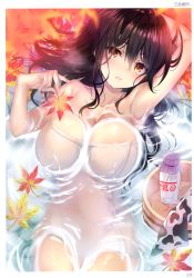 Rule 34 | 1girl, :d, absurdres, afloat, arm up, armpits, artist name, autumn, autumn leaves, bare shoulders, bath, bathing, blush, border, bottle, breasts, brown eyes, bucket, cleavage, collarbone, falling leaves, fingernails, from above, hair between eyes, highres, large breasts, leaf, long hair, looking at viewer, lying, lying on water, maple leaf, milk, milk bottle, naked towel, on back, onsen, open mouth, original, page number, partially submerged, petals, ripples, sanshoku amido, scan, sidelocks, smile, solo, steam, toranoana, towel, water, wet, white border, white towel, wooden bucket
