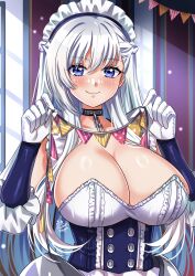 Rule 34 | 1girl, apron, azur lane, bare shoulders, belfast (azur lane), blue eyes, blush, braid, breasts, broken, broken chain, chain, cleavage, collar, dress, french braid, frilled apron, frilled gloves, frills, gloves, highres, large breasts, long hair, looking at viewer, low neckline, maid, maid apron, maid headdress, maroonabyss, smile, solo, white gloves, white hair