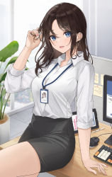 Rule 34 | 1girl, absurdres, adjusting hair, black hair, blouse, blue eyes, breasts, collar, collared shirt, computer, highres, id card, leaning back, lebring, leg up, looking at viewer, medium breasts, office lady, original, pencil skirt, plant, shirt, sitting, skirt, solo, white shirt
