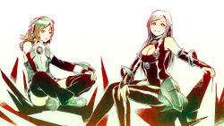 Rule 34 | 2girls, bare shoulders, blue eyes, bodysuit, breasts, bridal gauntlets, cleavage, crossed legs, derivative work, detached leggings, game console, green hair, headgear, highres, long hair, microsoft, mike inel, multiple girls, playstation 3, playstation 4 (personification), real life insert, short hair, silver hair, sitting, smile, sony, thighhighs, vambraces, xbox, xbox 360, xbox one (personification)