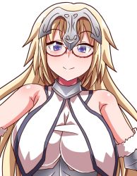 Rule 34 | 1girl, armor, bare shoulders, bespectacled, blonde hair, blue eyes, blush, breasts, closed mouth, fate/apocrypha, fate/grand order, fate (series), faulds, glasses, headpiece, ikue fuuji, jeanne d&#039;arc (fate), jeanne d&#039;arc (ruler) (fate), jeanne d&#039;arc (third ascension) (fate), large breasts, long hair, looking at viewer, red-framed eyewear, semi-rimless eyewear, smile, solo, under-rim eyewear, upper body