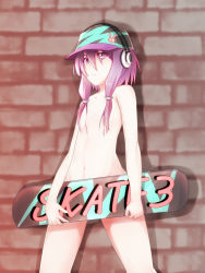 Rule 34 | 1girl, against wall, arlia (nicoseiga), arlia (t0927taka), baseball cap, breasts, brick wall, collarbone, convenient censoring, expressionless, groin, hair between eyes, hat, headphones, highres, holding, looking at viewer, low twintails, nude, purple eyes, purple hair, rabbit pin, short hair with long locks, skateboard, small breasts, solo, standing, stomach, twintails, vocaloid, voiceroid, yuzuki yukari