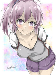Rule 34 | 1girl, alternate costume, aoba (kancolle), arms behind back, blue scrunchie, commentary request, cowboy shot, gakky, grey shirt, hair ornament, hair scrunchie, kantai collection, leaning forward, looking at viewer, one-hour drawing challenge, ponytail, purple eyes, purple hair, purple shorts, scrunchie, shirt, shorts, solo