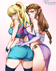 Rule 34 | 2girls, artist name, ass, bare shoulders, behind another, blonde hair, blue eyes, blue skirt, blue thighhighs, blush, braid, breasts, brown hair, closed mouth, crop top, dated, earrings, elbow gloves, elf, glaring, gloves, high ponytail, jewelry, large breasts, looking at viewer, medium breasts, metroid, midriff, mina cream, miniskirt, mole, mole under mouth, multiple girls, nintendo, pointy ears, princess zelda, purple skirt, samus aran, see-through, see-through skirt, sidelocks, skirt, super smash bros., the legend of zelda, the legend of zelda: twilight princess, thighhighs, thighs, v-shaped eyebrows, wristband