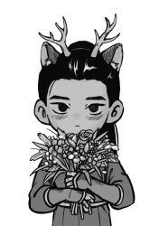 Rule 34 | 1boy, animal ear fluff, animal ears, antlers, blush, bouquet, closed mouth, deer antlers, deer boy, deer ears, deformed, dungeon meshi, flower, greyscale, hands up, holding, holding bouquet, horns, japanese clothes, kemonomimi mode, kimono, long sleeves, looking at viewer, male focus, monochrome, raichu (shenzed4092), shurou, simple background, solo, upper body, vambraces, white background
