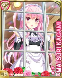 Rule 34 | 1girl, apron, arms up, black dress, blush, character name, cloth, dress, flower, girlfriend (kari), indoors, kagami matsuri, long hair, maid, maid headdress, official art, open mouth, pink eyes, pink hair, qp:flapper, rose, solo, two side up, white apron, window