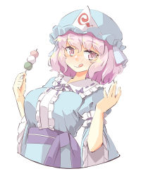 Rule 34 | 1girl, :q, arm garter, arm strap, arnest, blue bow, blue hat, blue kimono, blue ribbon, blue sash, blush, bow, breasts, center frills, closed mouth, commentary, cropped torso, dango, food, frilled kimono, frilled shirt collar, frilled sleeves, frills, hands up, hat, highres, holding, holding food, japanese clothes, kimono, large breasts, long sleeves, looking at viewer, mob cap, neck ribbon, pink eyes, pink hair, ribbon, ribbon-trimmed collar, ribbon trim, saigyouji yuyuko, sanshoku dango, sash, short hair, simple background, sleeves past elbows, smile, solo, tongue, tongue out, touhou, triangular headpiece, veil, wagashi, white background, wide sleeves, ||/