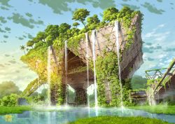 Rule 34 | artist logo, blue sky, building, circle name, cloud, cloudy sky, commentary request, day, english text, grass, highres, ivy, no humans, original, outdoors, overgrown, post-apocalypse, ruins, scenery, sky, tokyo big sight, tokyogenso, tree, water, waterfall