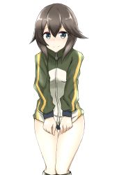 Rule 34 | 1girl, black hair, clothes pull, commentary request, cowboy shot, grey eyes, hayasui (kancolle), highres, iminami sui, jacket, jacket pull, kantai collection, kneehighs, looking at viewer, multicolored clothes, multicolored jacket, short hair, simple background, socks, solo, standing, thigh gap, track jacket, white background