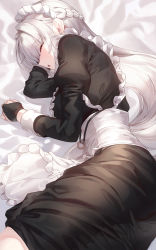 Rule 34 | 1girl, :o, apron, black dress, blush, bridal gauntlets, closed eyes, commentary request, dress, earrings, frilled apron, frills, hair intakes, highres, jewelry, juliet sleeves, kfr, long hair, long sleeves, lying, on bed, on side, original, parted lips, puffy sleeves, silver hair, sleeping, solo, very long hair, white apron