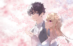 Rule 34 | 1boy, 1girl, black hair, blurry, blurry background, blush, brother and sister, cherry blossoms, commentary request, couple, doromame, flower, grey sweater, hair between eyes, hetero, highres, long hair, long sleeves, looking at another, looking up, nakiri asahi, nakiri erina, outdoors, parted lips, petals, pink flower, purple eyes, ribbed sweater, shokugeki no souma, short hair, siblings, smile, sweater, turtleneck, upper body