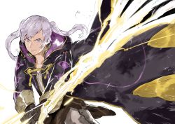 Rule 34 | 1girl, closed mouth, fire emblem, fire emblem awakening, gloves, highres, holding, holding sword, holding weapon, hood, hood down, long sleeves, nintendo, robin (female) (fire emblem), robin (fire emblem), simple background, solo, sword, twintails, weapon, white background, white hair, yourfreakyneighbourh