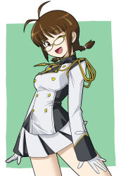 Rule 34 | 1girl, ahoge, akizuki ritsuko, antenna hair, band uniform, braid, breasts, brown eyes, brown hair, glasses, gloves, green background, grid background, idolmaster, idolmaster (classic), idolmaster million live!, idolmaster million live! theater days, kazu3 (kazumin), large breasts, looking at viewer, marching band, miniskirt, one eye closed, open mouth, outside border, pleated skirt, short hair, skirt, smile, solo, twin braids, white gloves