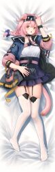 Rule 34 | 1girl, absurdres, animal ears, arknights, arm up, bed sheet, belt, black choker, black skirt, blue bow, blush, bow, bracelet, braid, breasts, cat ears, cat girl, cat tail, choker, collarbone, dakimakura (medium), from above, full body, garter straps, goldenglow (arknights), hair bow, hand on own stomach, high-waist skirt, highres, id card, infection monitor (arknights), jacket, jewelry, long hair, long sleeves, looking at viewer, lying, medium breasts, multicolored clothes, multicolored jacket, no shoes, on back, on bed, open clothes, open jacket, open mouth, orange eyes, shirt, single braid, skirt, solo, tail, thighhighs, welt (kinsei koutenkyoku), white shirt, white thighhighs, zettai ryouiki