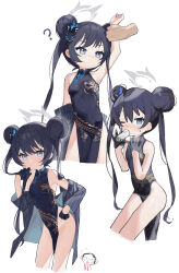 Rule 34 | 1boy, 1girl, ?, absurdres, arm up, doodle sensei (blue archive), bare shoulders, black dress, black gloves, black hair, blood, blue archive, butterfly hair ornament, china dress, chinese clothes, cropped legs, double bun, dragon print, dress, eating, expressionless, food, gloves, grey eyes, hair bun, hair ornament, half gloves, halo, hand on own hip, highres, jojo pose, kisaki (blue archive), long hair, measho, multiple views, nosebleed, one eye closed, pelvic curtain, print dress, sensei (blue archive), short dress, side slit, sleeveless, sleeveless dress, sushi, twintails