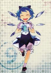 Rule 34 | 1girl, ^ ^, absurdres, bloomers, blue hair, cirno, closed eyes, dress, happy, highres, pinafore dress, ribbon, running, scan, shiho, shihou (g-o-s), short hair, sleeveless dress, socks, solo, touhou, underwear, wings