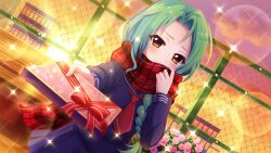 Rule 34 | 1girl, bench, blue serafuku, blue skirt, blush, bow, box, braid, building, chain-link fence, closed mouth, cloud, dot nose, dutch angle, evening, fence, film grain, flower, flower bed, forehead, game cg, gift, gift box, green hair, hand up, happy valentine, holding, holding box, holding gift, incoming gift, izumi tsubasu, lens flare, long braid, long sleeves, necktie, non-web source, official art, orange sky, outdoors, outstretched arm, pink flower, plaid, plaid scarf, purple sky, re:stage!, red bow, red necktie, red ribbon, red scarf, ribbon, scarf, school uniform, serafuku, shirokita kuroha, single braid, skirt, sky, solo, sparkle, sunset, valentine, winter uniform, wooden bench, yellow eyes