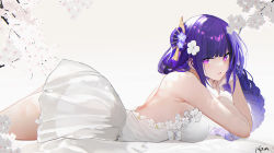 Rule 34 | 1girl, arm support, blunt bangs, braid, breasts, cherry blossoms, dress, genshin impact, hair ornament, highres, large breasts, long hair, low-braided long hair, low-tied long hair, lying, nipples, omone hokoma agm, on bed, on stomach, purple eyes, purple hair, raiden shogun, solo, thighs, very long hair, white background, white dress, yellow background