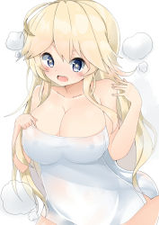 Rule 34 | 10s, 1girl, bare shoulders, blonde hair, blue eyes, blush, breasts, cleavage, hidaka0503, highres, iowa (kancolle), kantai collection, large breasts, long hair, naked towel, open mouth, solo, star-shaped pupils, star (symbol), symbol-shaped pupils, towel
