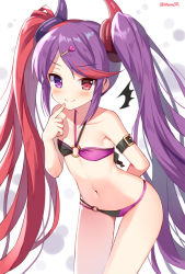 Rule 34 | 1girl, arm behind back, bare shoulders, bikini, black bikini, blush, broken heart, closed mouth, collarbone, commentary request, finger to mouth, hair ornament, hairclip, halterneck, hand up, heart, heterochromia, leaning forward, long hair, mauve, misaki (princess connect!), misaki (summer) (princess connect!), multicolored hair, navel, o-ring, o-ring bikini, o-ring bottom, o-ring top, princess connect!, purple bikini, purple eyes, purple hair, red eyes, red hair, smile, solo, split mouth, swept bangs, swimsuit, twintails, twitter username, two-tone bikini, two-tone hair, very long hair, white background